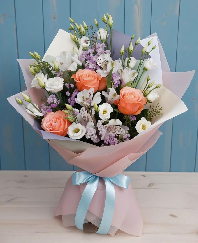 Букет цветов из: Лизиантусы, Розы, Альстромерии и Гипсофила в Дубки Одинцовского района