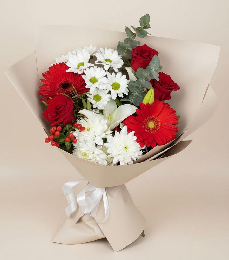 Букет цветов из: Розы, Хризантемы, Герберы и Лилии в Дубки Одинцовского района