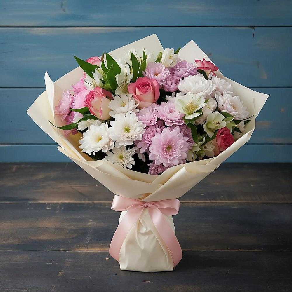 Букет цветов из: Хризантемы, Альстромерии и Розы в Дубки Одинцовского района